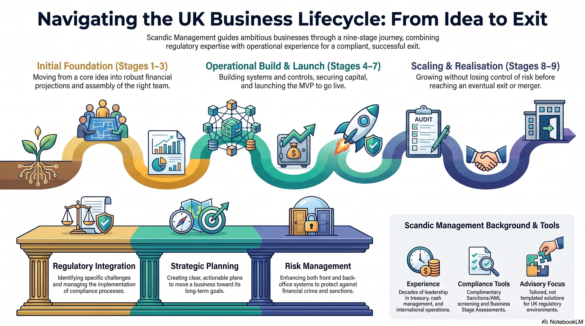 Navigating the UK Business Lifecycle: From Idea to Exit, a nine-stage roadmap from Initial Foundation through Operational Build & Launch to Scaling & Realisation, with Regulatory Integration, Strategic Planning and Risk Management underpinning every stage.